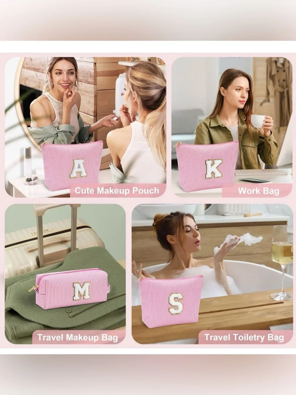 Pink Striped Cosmetic Bag Set with Gold-Trim 'R' Patch by Yoolife